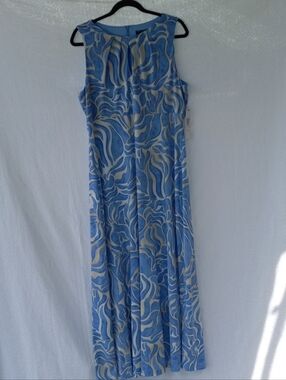 Maggy London Blue and Cream Abstract Swirl Sleeveless Maxi Dress Size 14 NWT